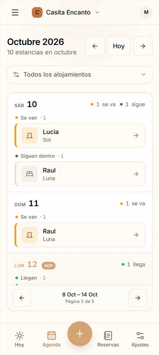La agenda de Aloja en el móvil: para cada día, los huéspedes que se van, los que siguen dentro y los que llegan, cada uno con su alojamiento.