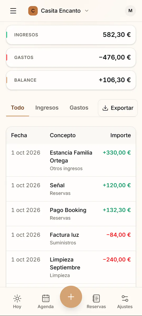 Gastos e ingresos en Aloja: los ingresos, los gastos y el balance del mes, y la lista de apuntes con su fecha, su concepto y su importe.