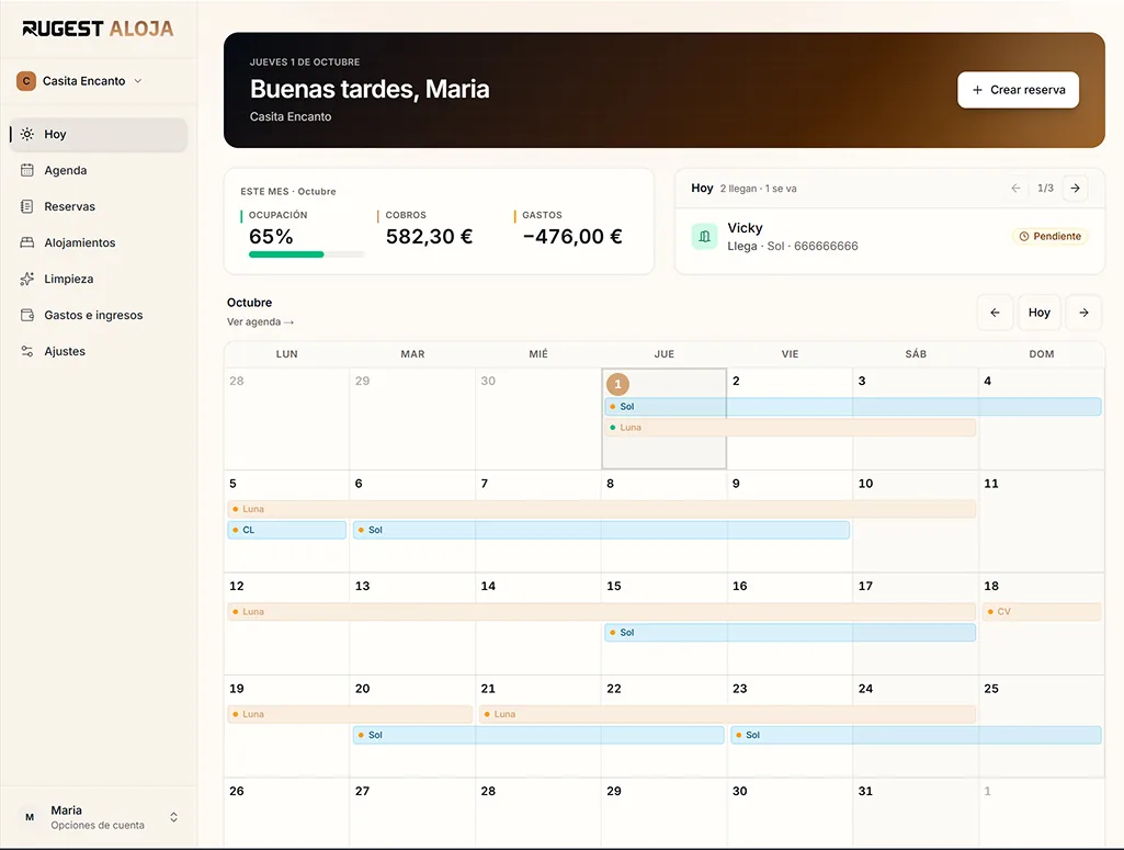 El panel de Aloja en un portátil: la ocupación del mes, los cobros, los gastos, quién llega hoy y el calendario de octubre con las estancias de cada alojamiento.
